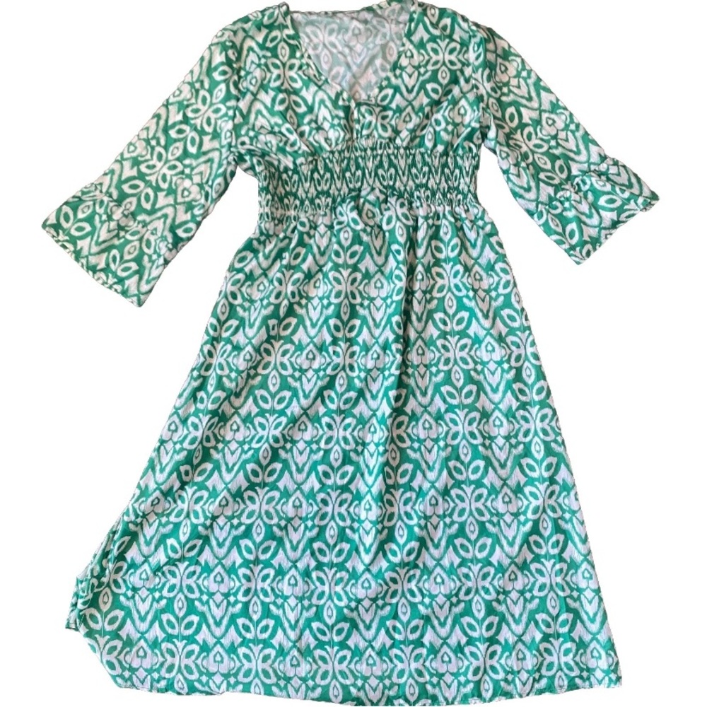 Summer Dress Beach Cover Up Loose Green Off White Printed Spring V Neck MIDI M/L
